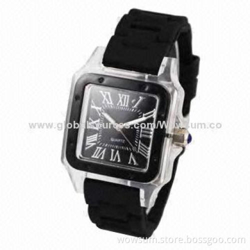 Silicone watch, made of plastic case and silicone band, quartz movement